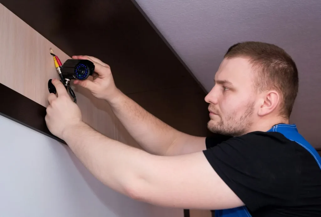 Technician installing a fixture on a wall