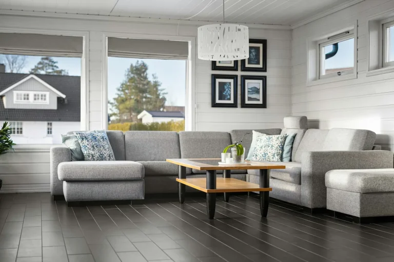 Living room with a gray sectional sofa and dark plank flooring