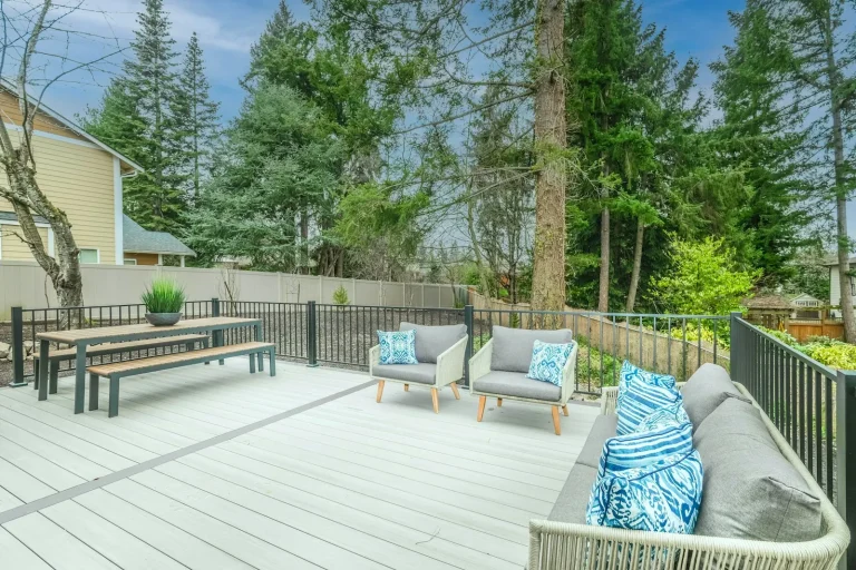 Backyard wood deck with outdoor seating